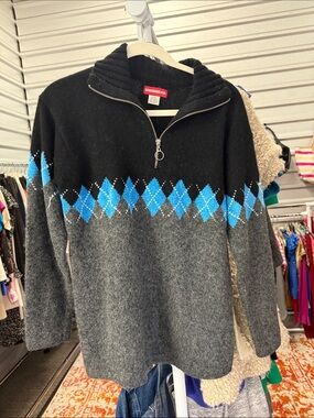 UNIONBAY Black, Gray & Blue Argyle Half-Zip Sweater